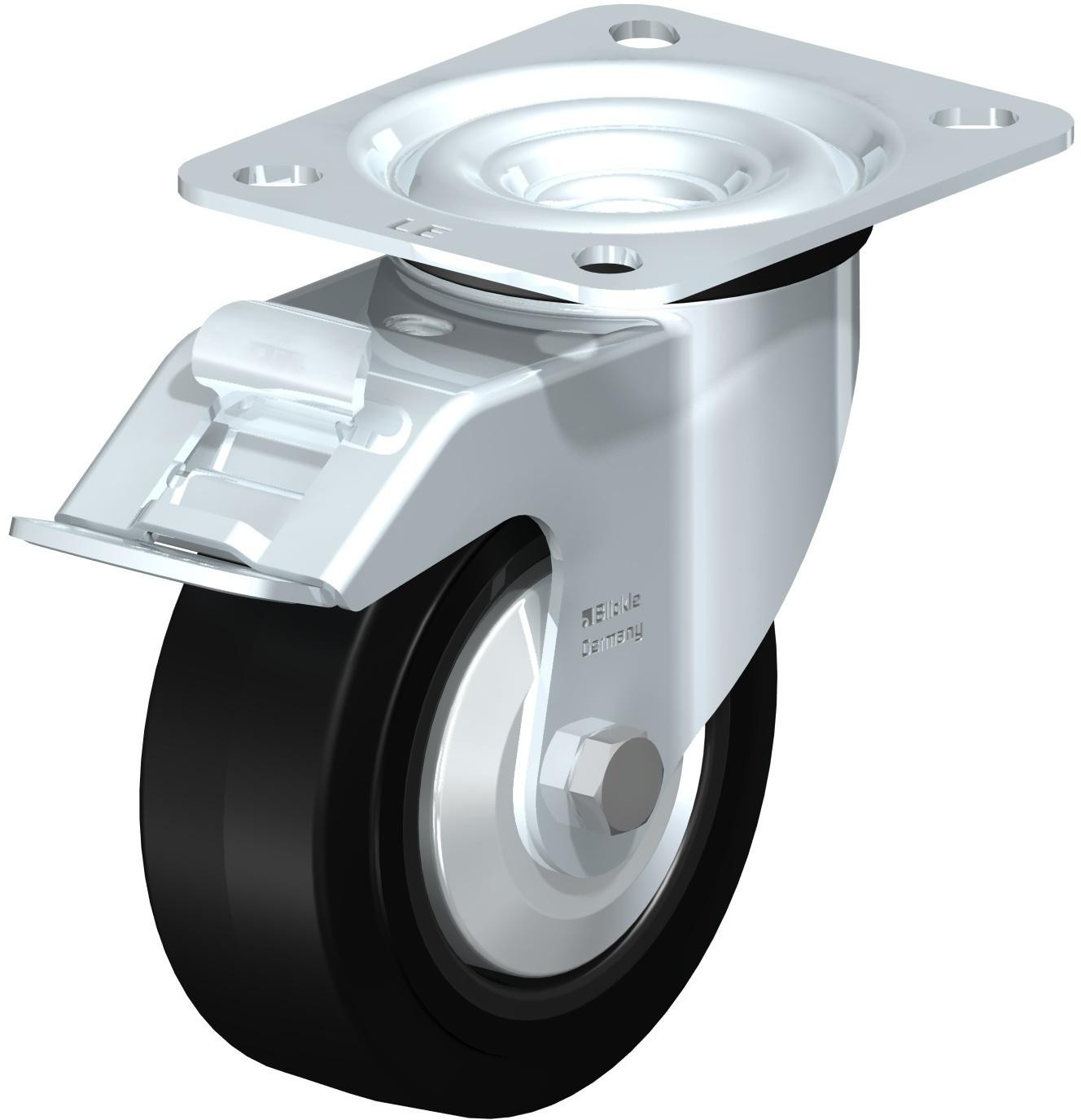 Roulette pivotante en tôle d’acier, avec platine à visser et blocage “stop-fix”