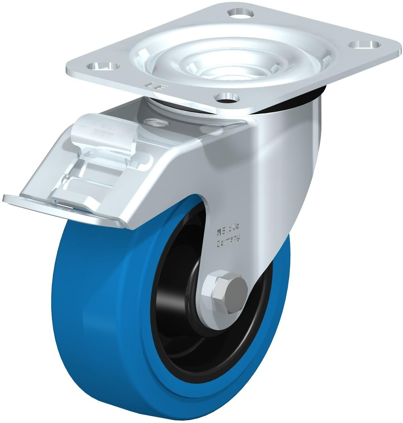 Roulette pivotante en tôle d’acier, avec platine à visser et blocage “stop-fix”