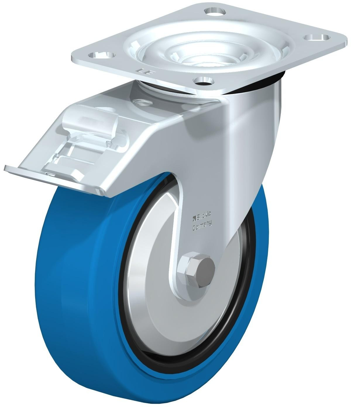 Roulette pivotante en tôle d’acier, avec platine à visser et blocage “stop-fix”