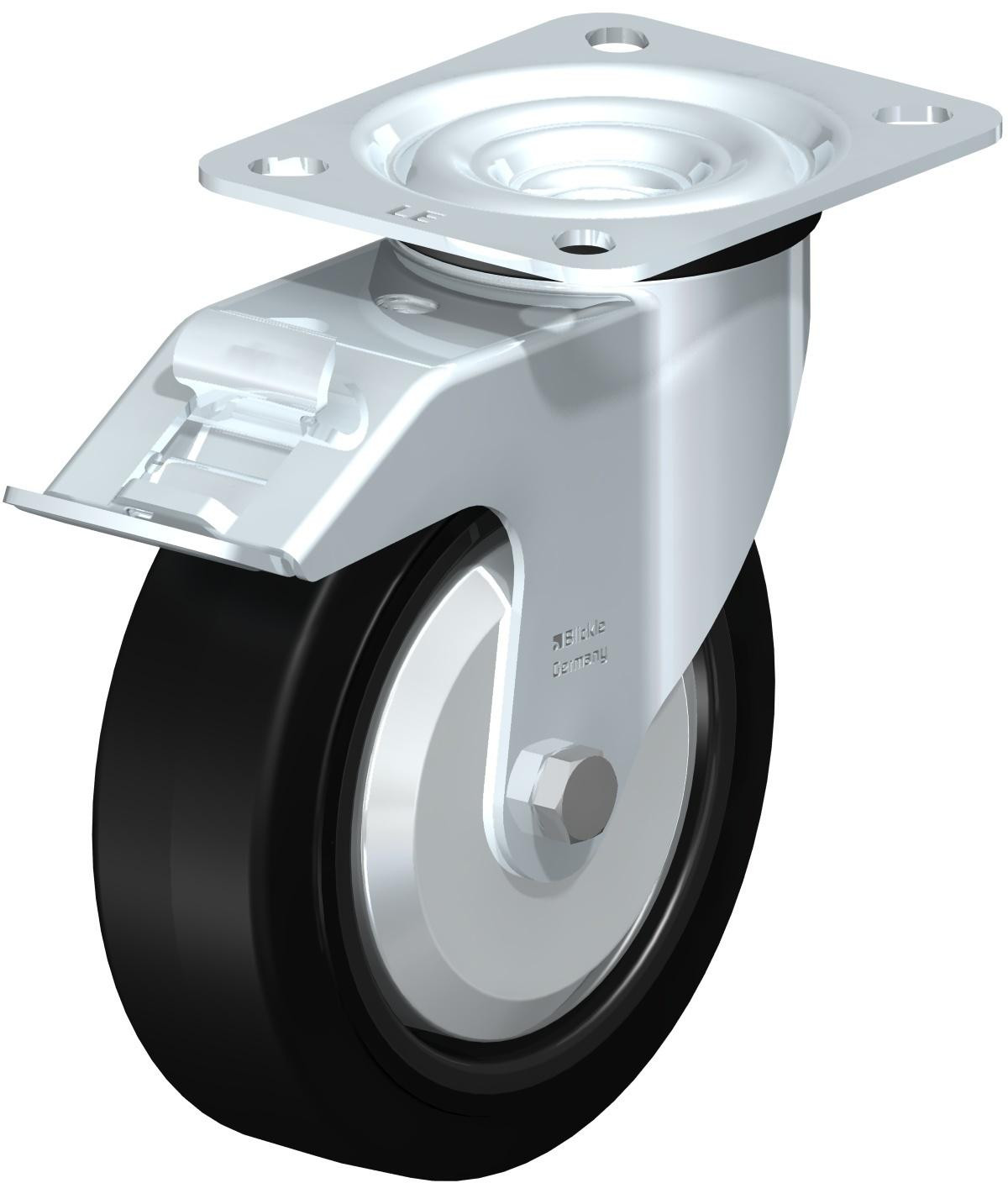 Roulette pivotante en tôle d’acier, avec platine à visser et blocage “stop-fix”