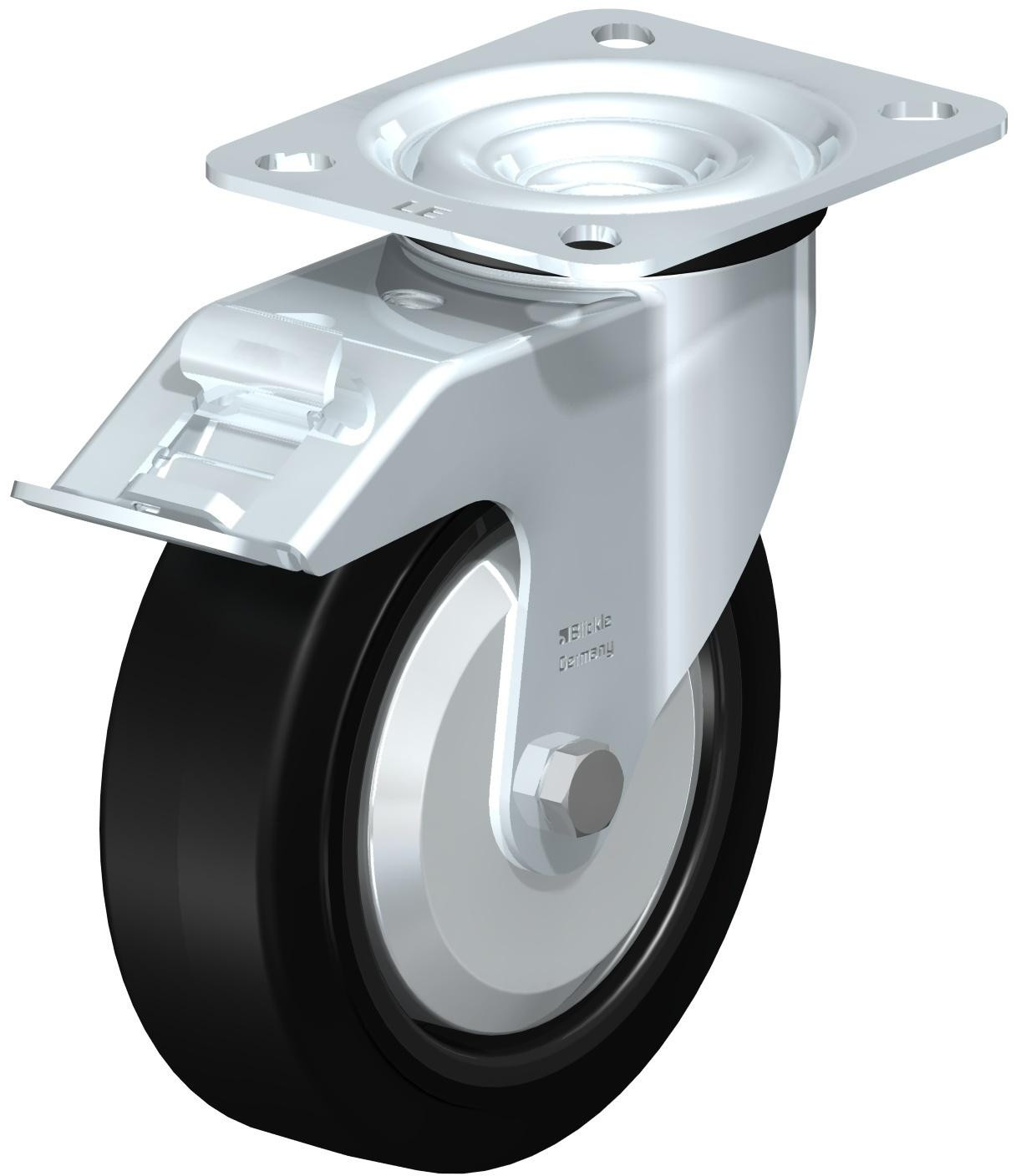 Roulette pivotante en tôle d’acier, avec platine à visser et blocage “stop-fix”