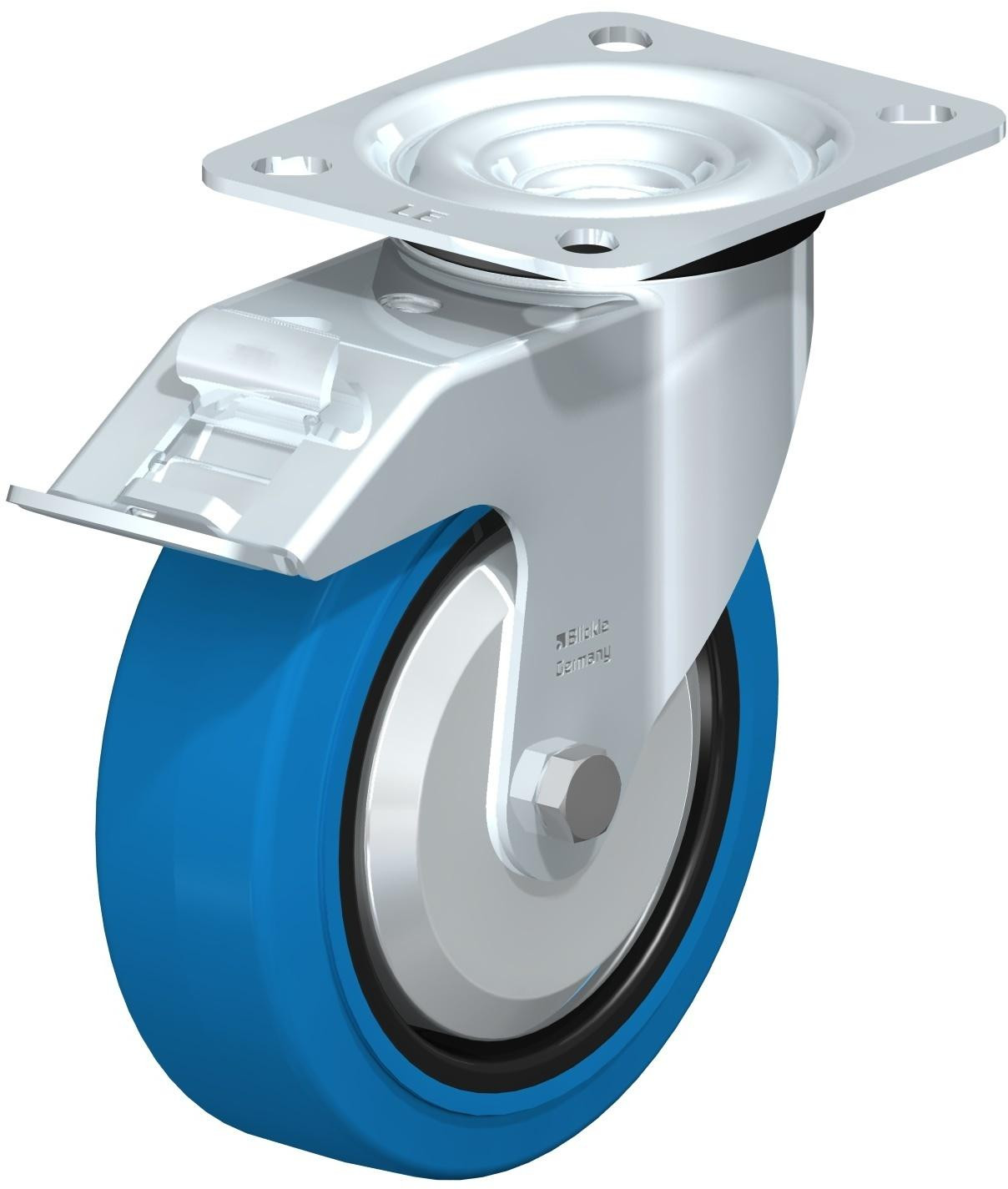 Roulette pivotante en tôle d’acier, avec platine à visser et blocage “stop-fix”