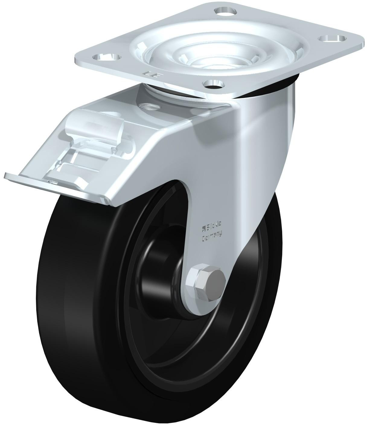 Roulette pivotante en tôle d’acier, avec platine à visser et blocage “stop-fix”