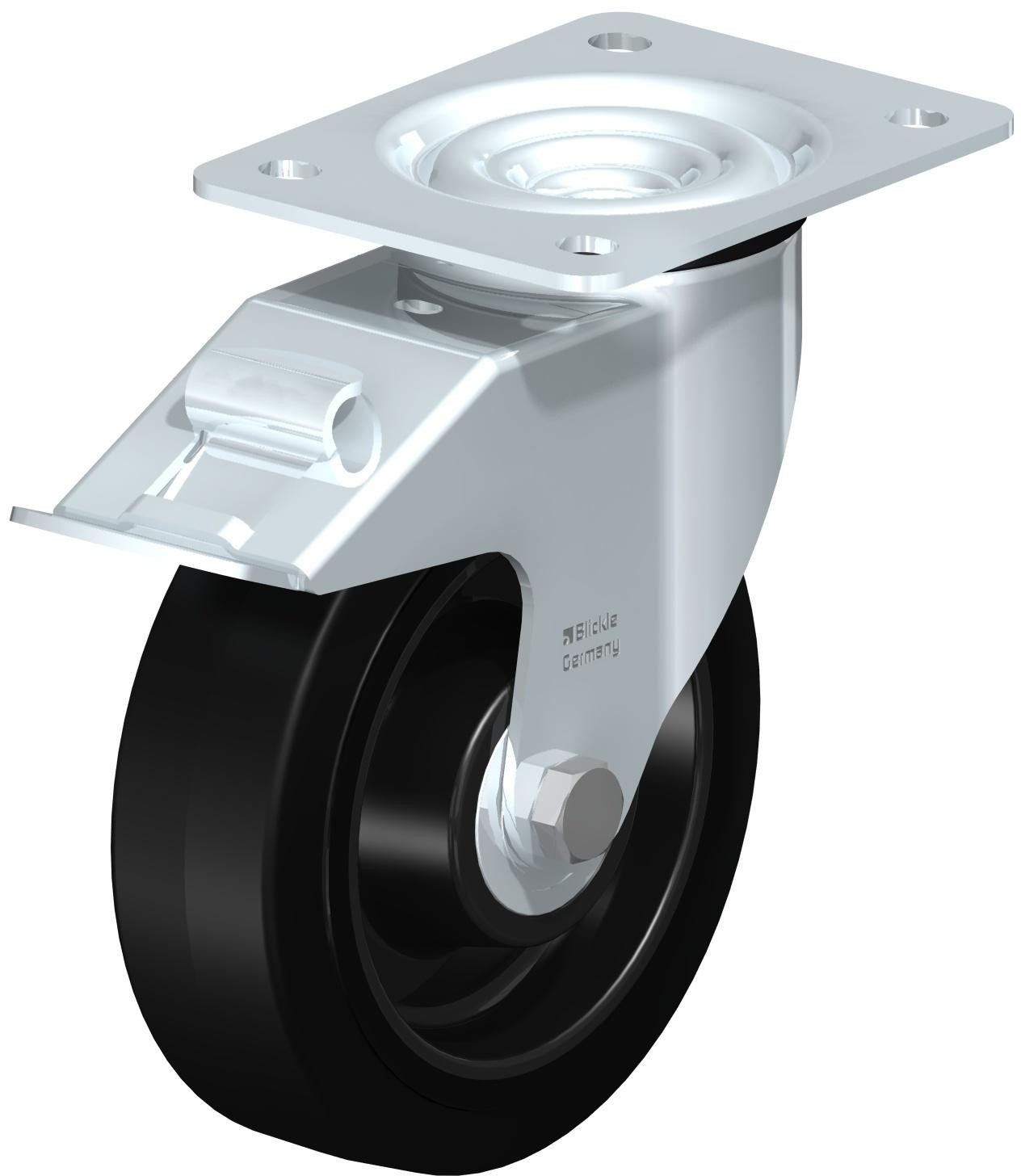 Roulette pivotante en tôle d’acier, avec platine à visser et blocage “stop-fix”