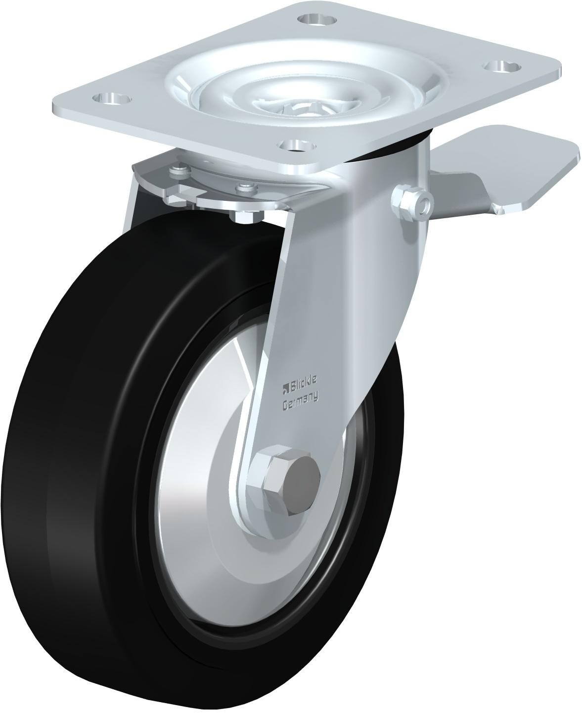 Roulette pivotante en tôle d’acier, avec platine à visser et blocage “stop-top”