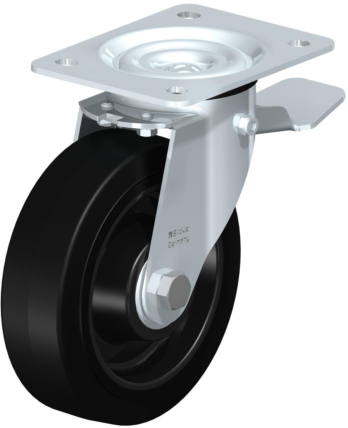 Roulette pivotante en tôle d’acier, avec platine à visser et blocage “stop-top”