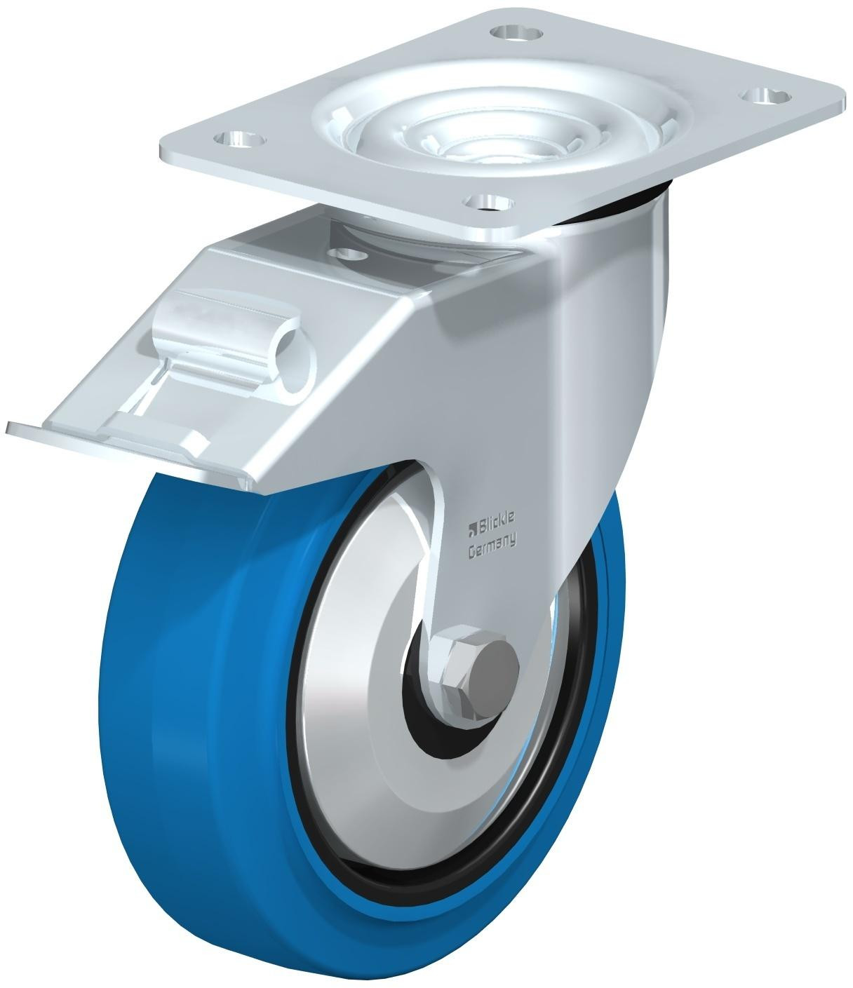 Roulette pivotante en tôle d’acier, avec platine à visser et blocage “stop-fix”