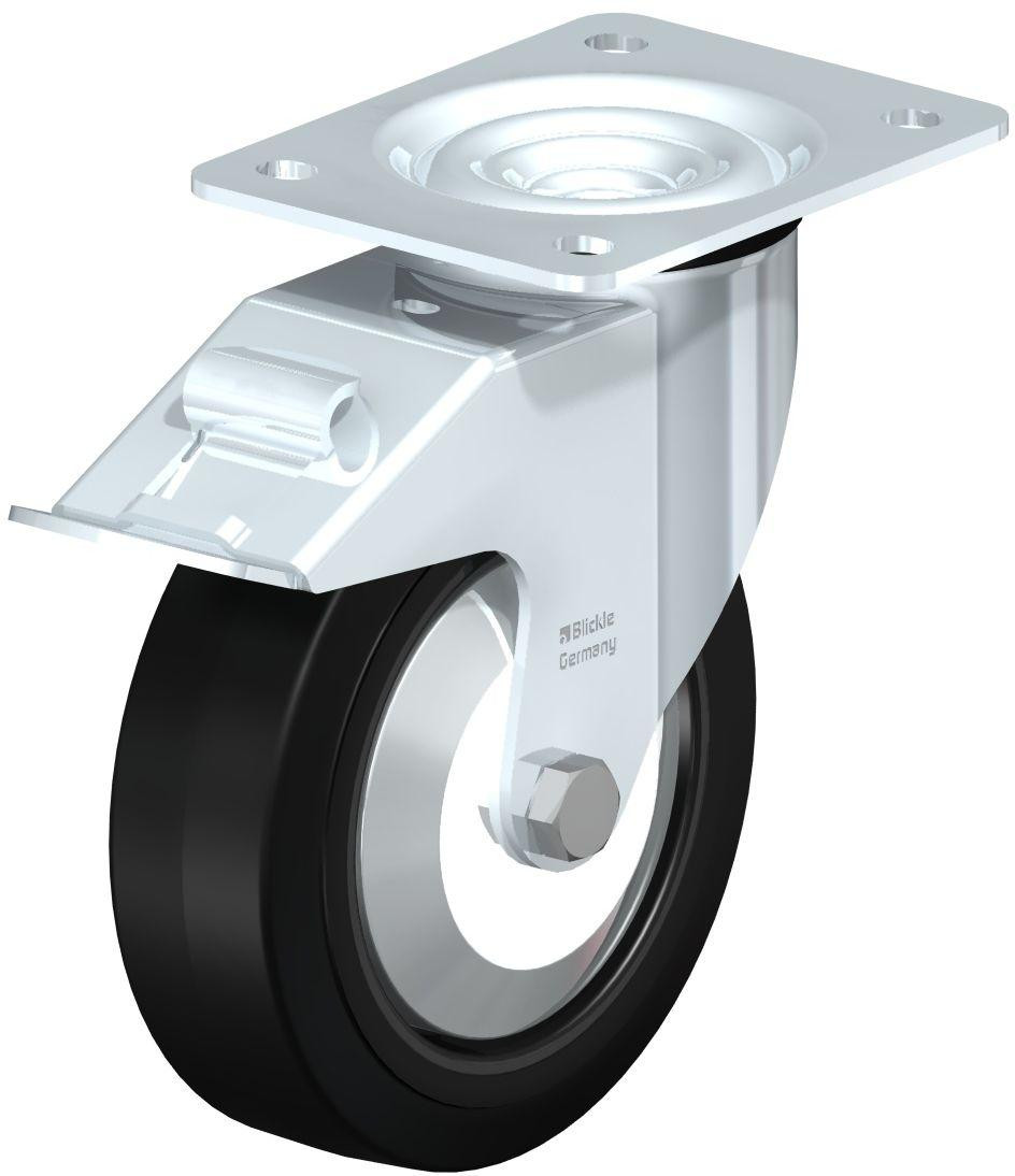 Roulette pivotante en tôle d’acier, avec platine à visser et blocage “stop-fix”