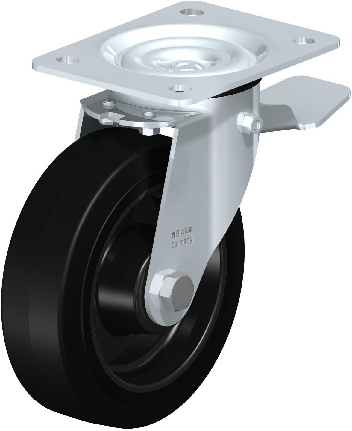 Roulette pivotante en tôle d’acier, avec platine à visser et blocage “stop-top”