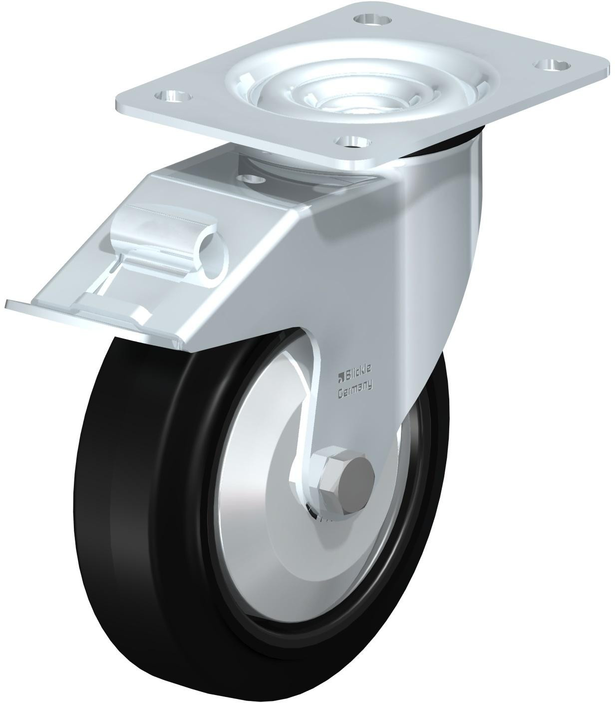 Roulette pivotante en tôle d’acier, avec platine à visser et blocage “stop-fix”