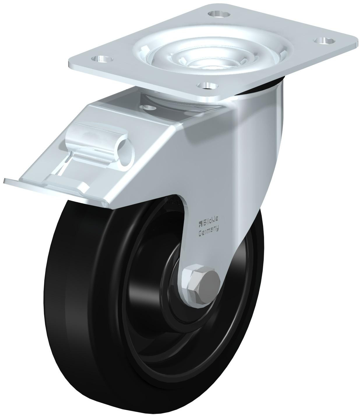 Roulette pivotante en tôle d’acier, avec platine à visser et blocage “stop-fix”