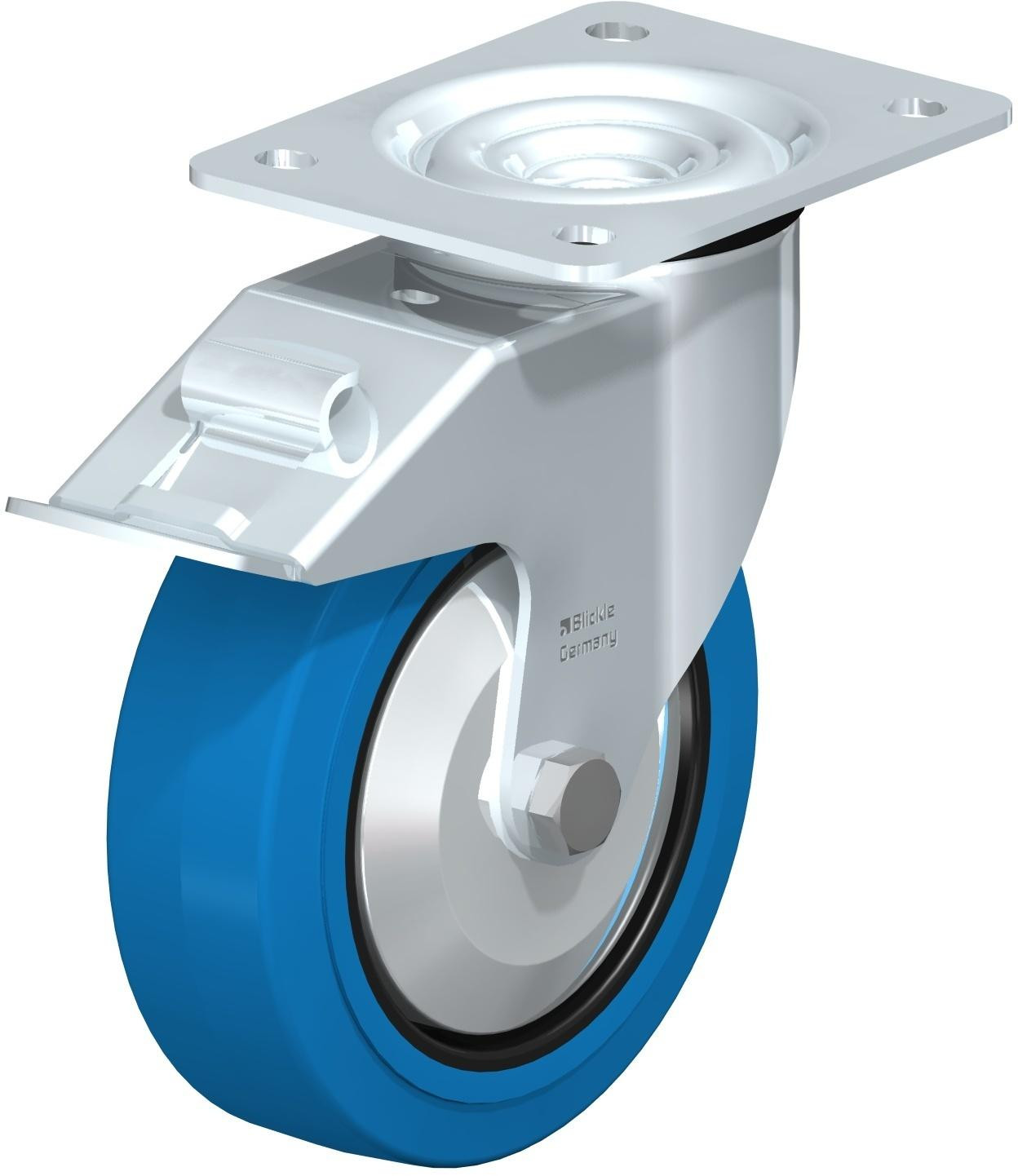 Roulette pivotante en tôle d’acier, avec platine à visser et blocage “stop-fix”