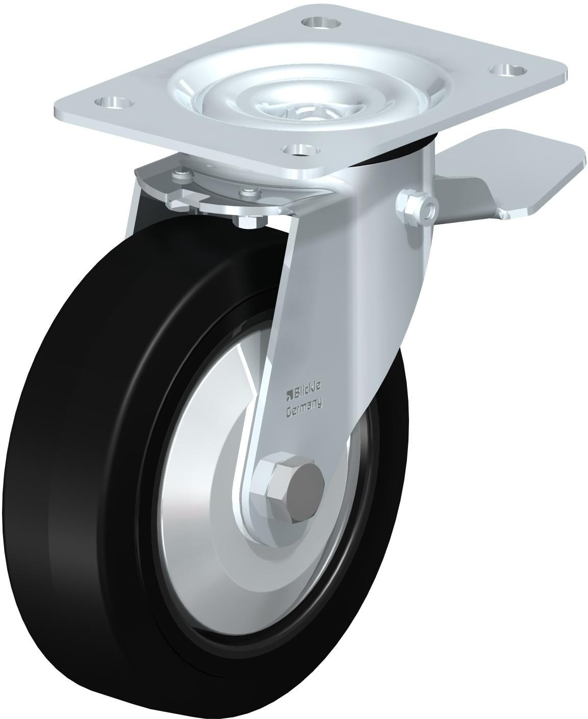 Roulette pivotante en tôle d’acier, avec platine à visser et blocage “stop-top”