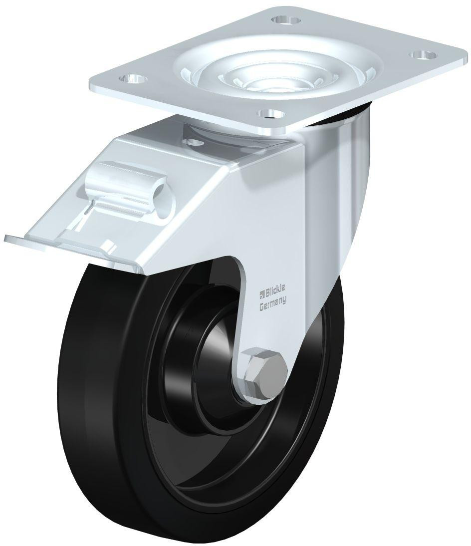 Roulette pivotante en tôle d’acier, avec platine à visser et blocage “stop-fix”