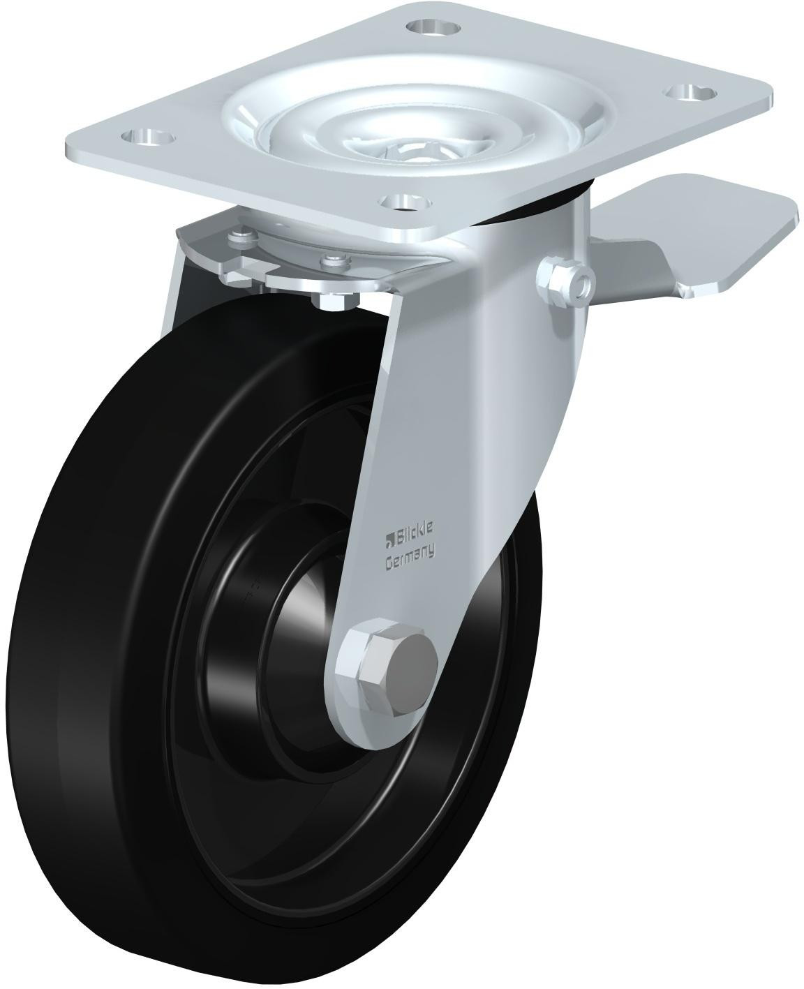 Roulette pivotante en tôle d’acier, avec platine à visser et blocage “stop-top”