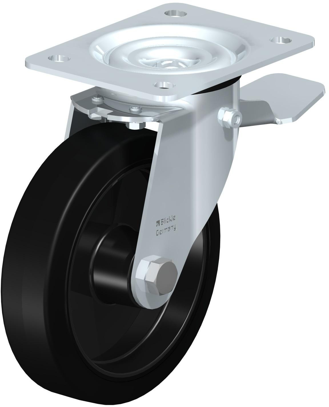 Roulette pivotante en tôle d’acier, avec platine à visser et blocage “stop-top”