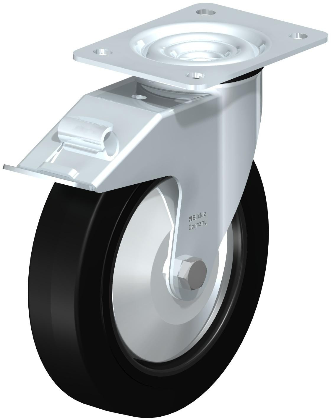 Roulette pivotante en tôle d’acier, avec platine à visser et blocage “stop-fix”