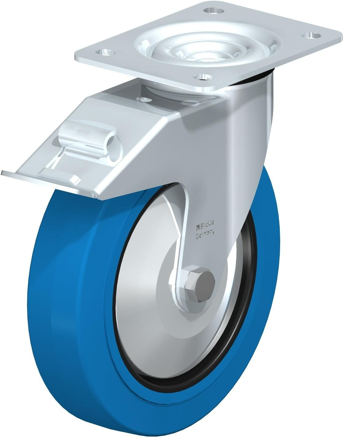 Roulette pivotante en tôle d’acier, avec platine à visser et blocage “stop-fix”