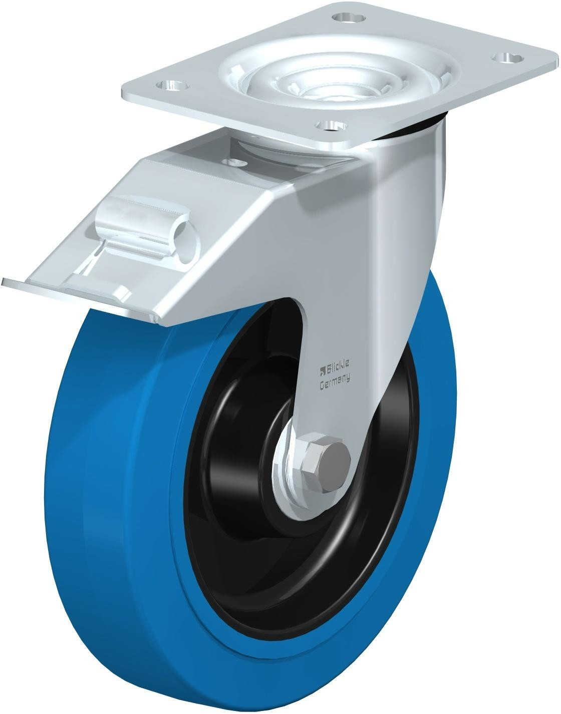 Roulette pivotante en tôle d’acier, avec platine à visser et blocage “stop-fix”