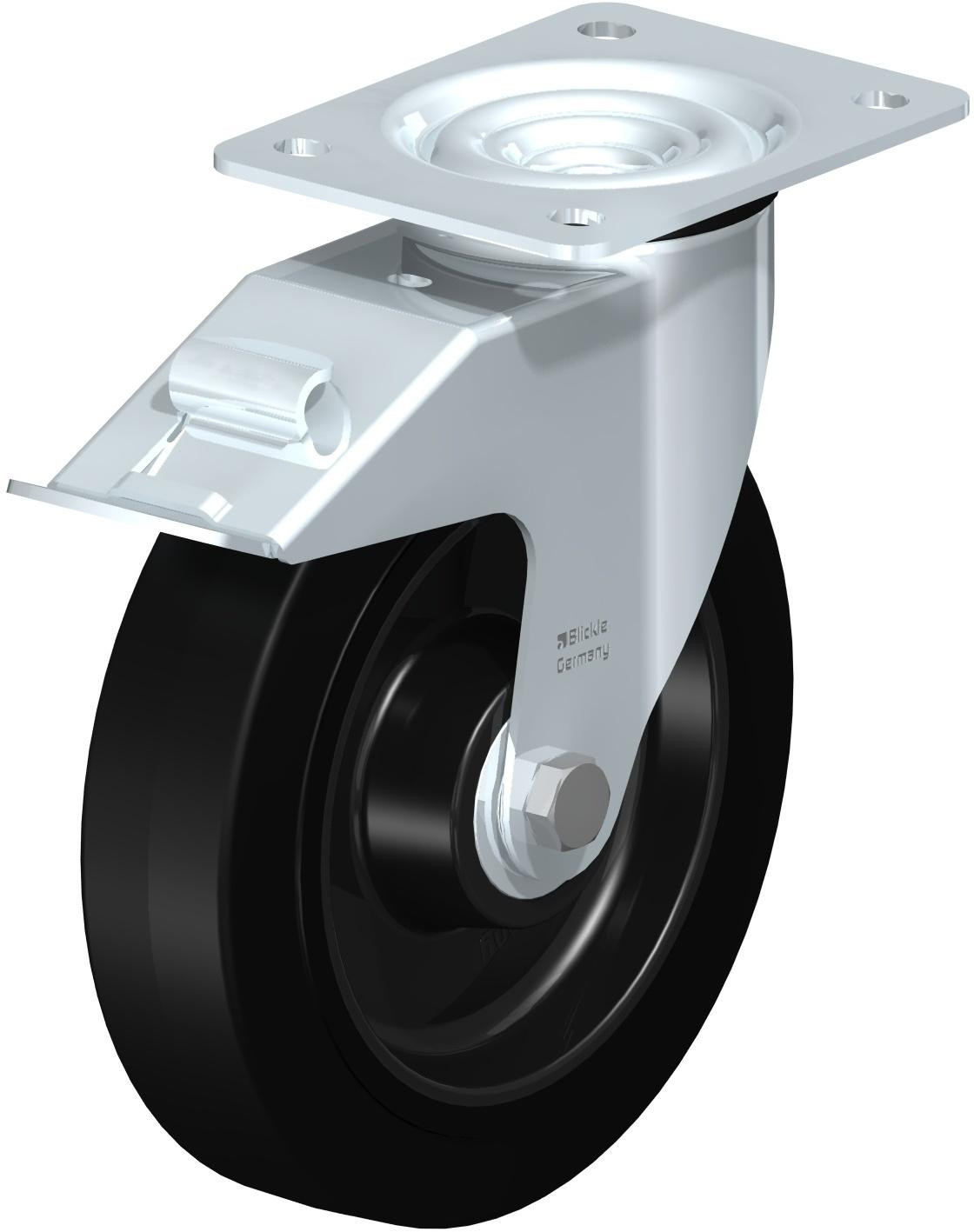 Roulette pivotante en tôle d’acier, avec platine à visser et blocage “stop-fix”