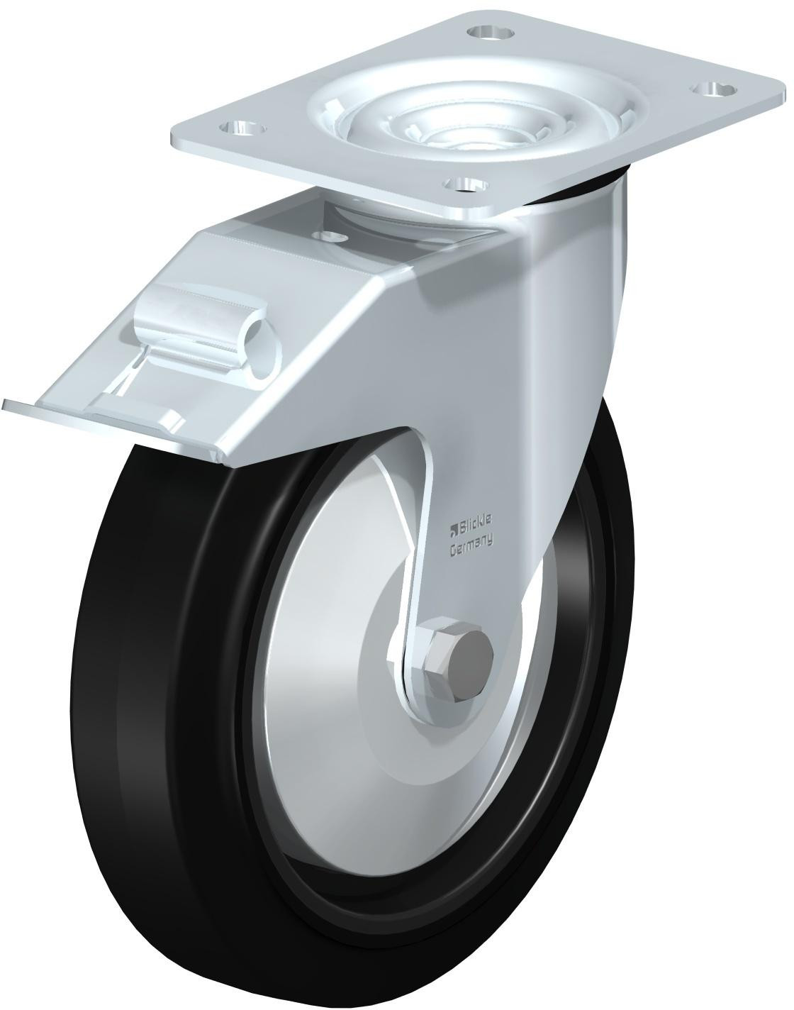 Roulette pivotante en tôle d’acier, avec platine à visser et blocage “stop-fix”