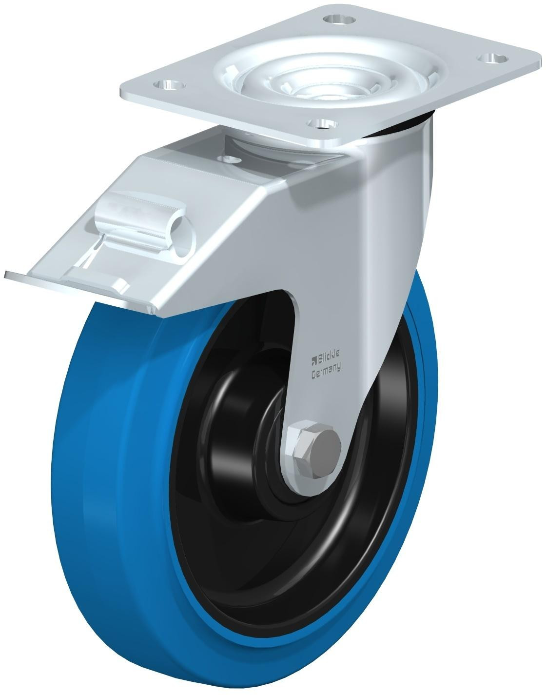 Roulette pivotante en tôle d’acier, avec platine à visser et blocage “stop-fix”