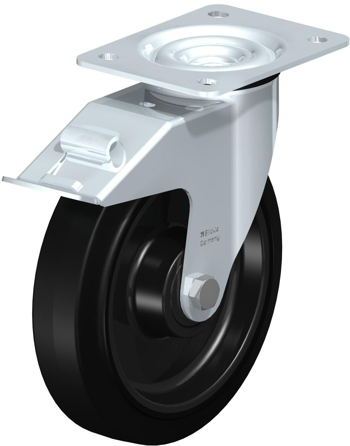 Roulette pivotante en tôle d’acier, avec platine à visser et blocage “stop-fix”