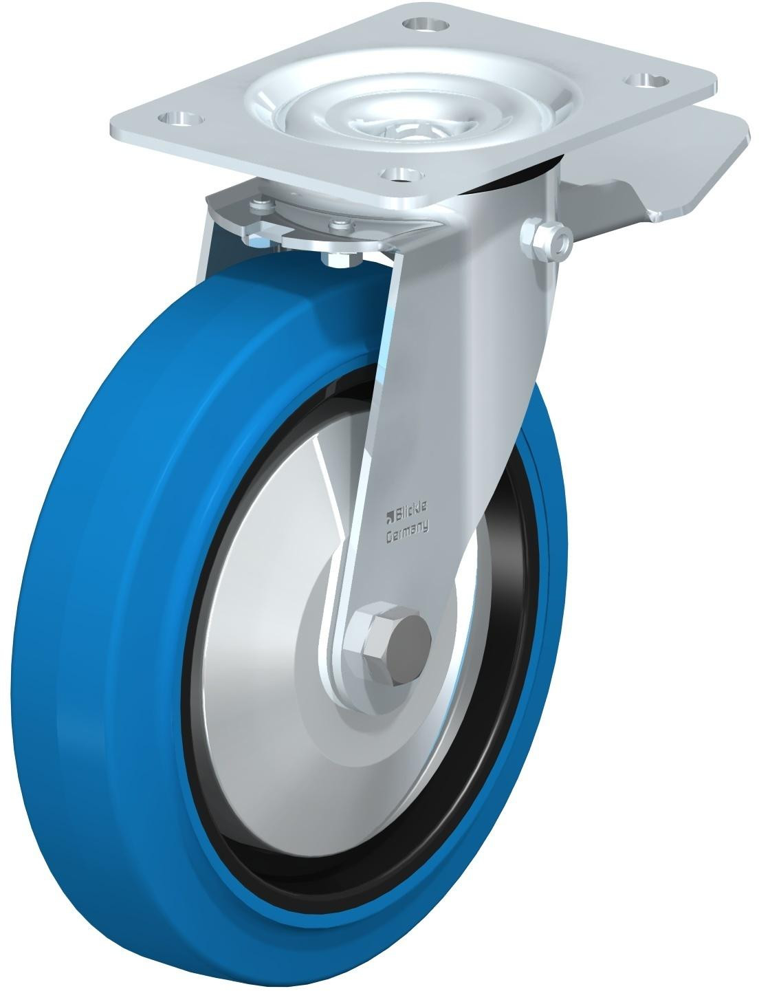 Roulette pivotante en tôle d’acier, avec platine à visser et blocage “stop-top”