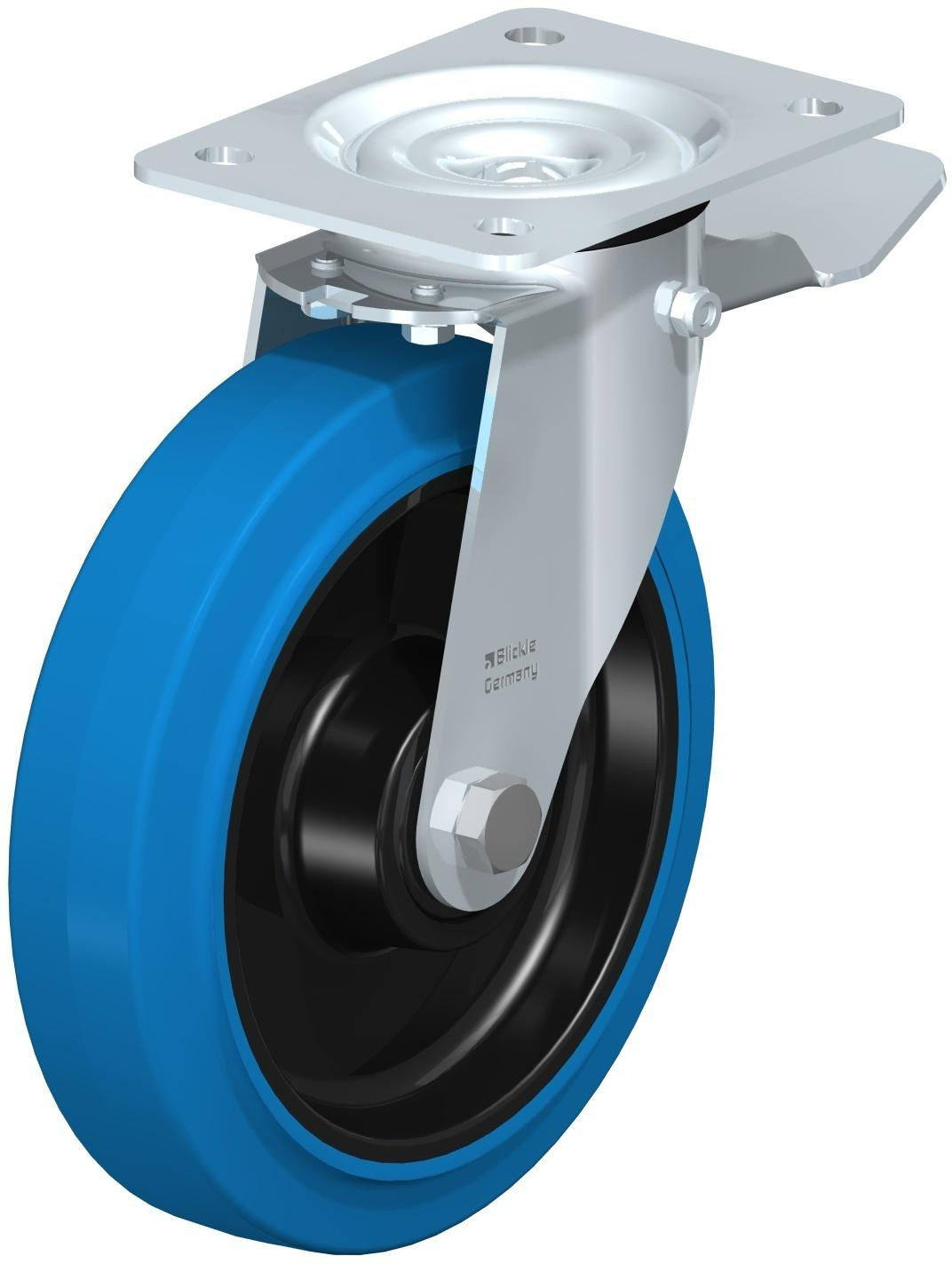 Roulette pivotante en tôle d’acier, avec platine à visser et blocage “stop-top”