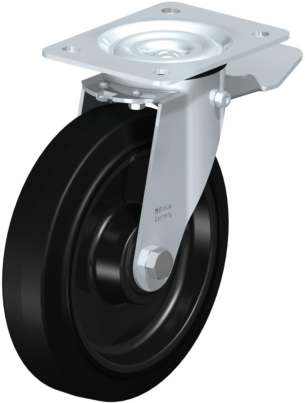 Roulette pivotante en tôle d’acier, avec platine à visser et blocage “stop-top”