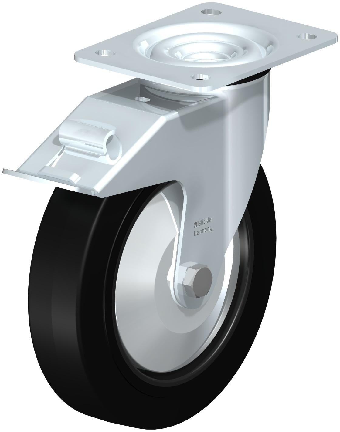 Roulette pivotante en tôle d’acier, avec platine à visser et blocage “stop-fix”