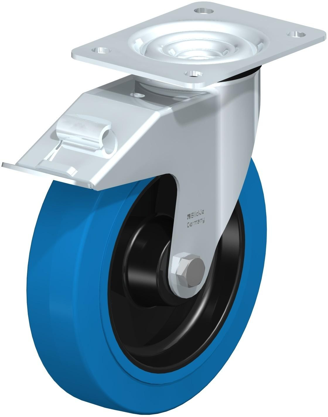 Roulette pivotante en tôle d’acier, avec platine à visser et blocage “stop-fix”