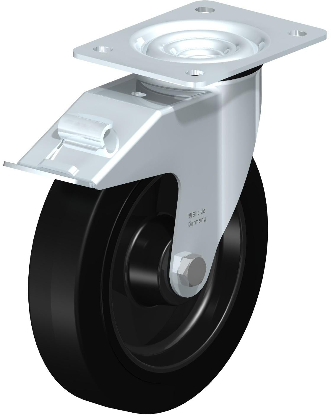 Roulette pivotante en tôle d’acier, avec platine à visser et blocage “stop-fix”