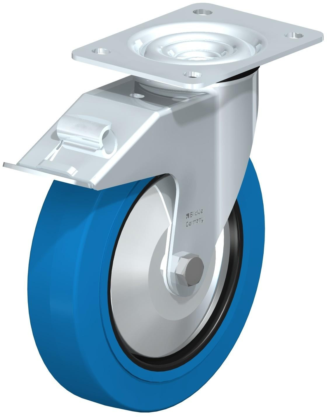 Roulette pivotante en tôle d’acier, avec platine à visser et blocage “stop-fix”