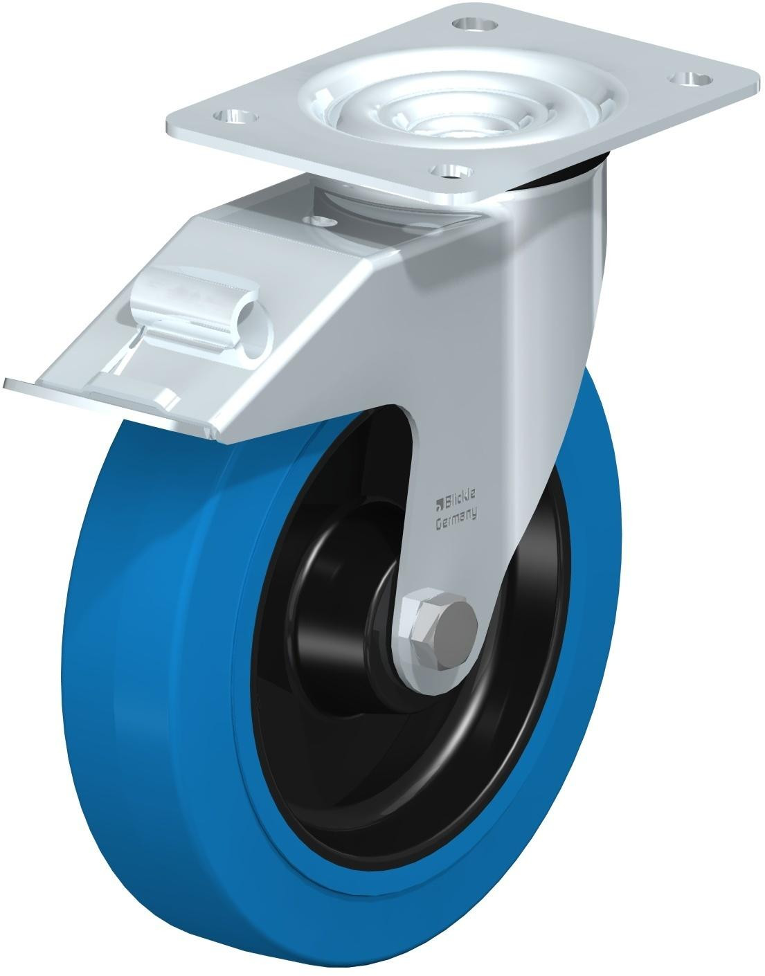 Roulette pivotante en tôle d’acier, avec platine à visser et blocage “stop-fix”