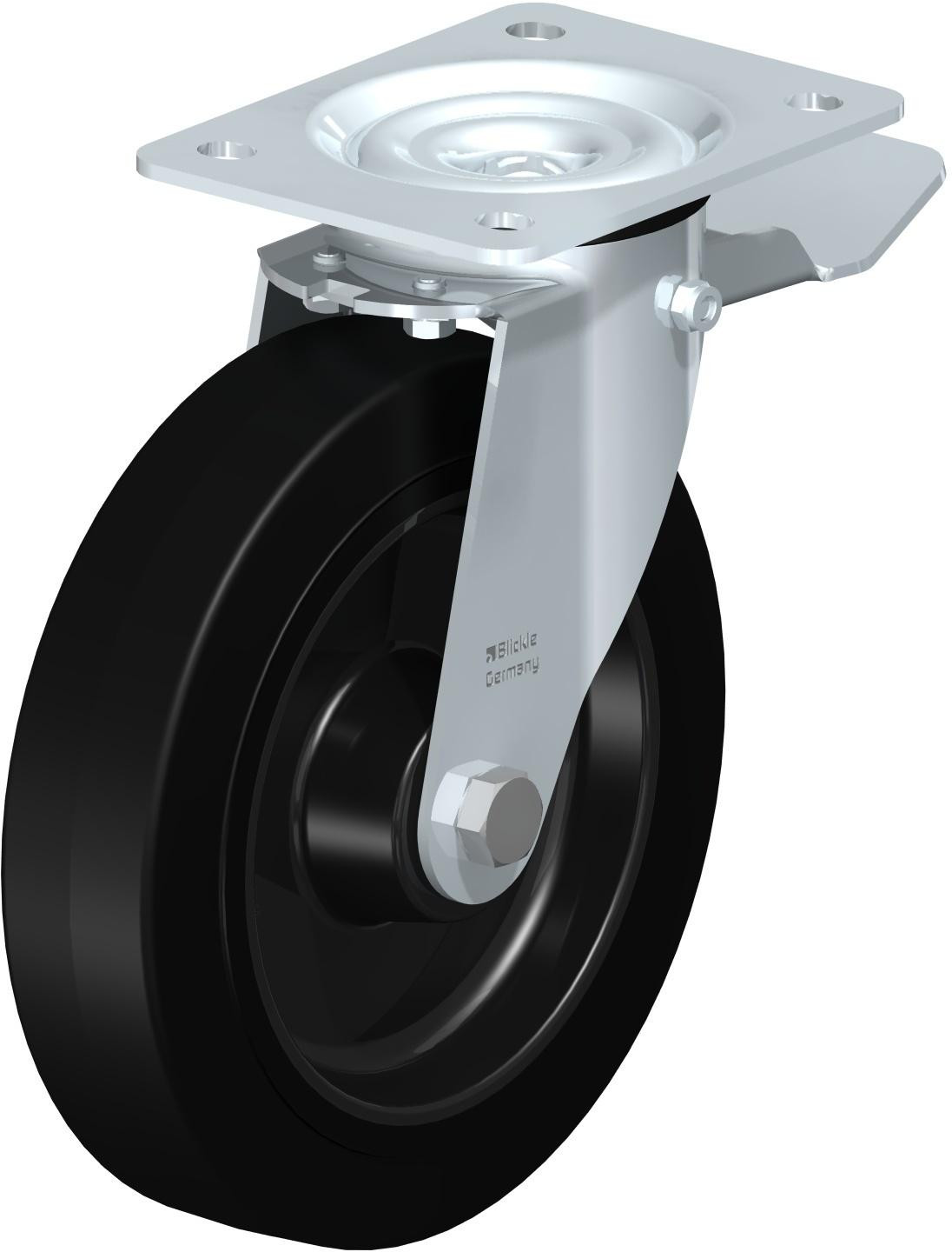 Roulette pivotante en tôle d’acier, avec platine à visser et blocage “stop-top”