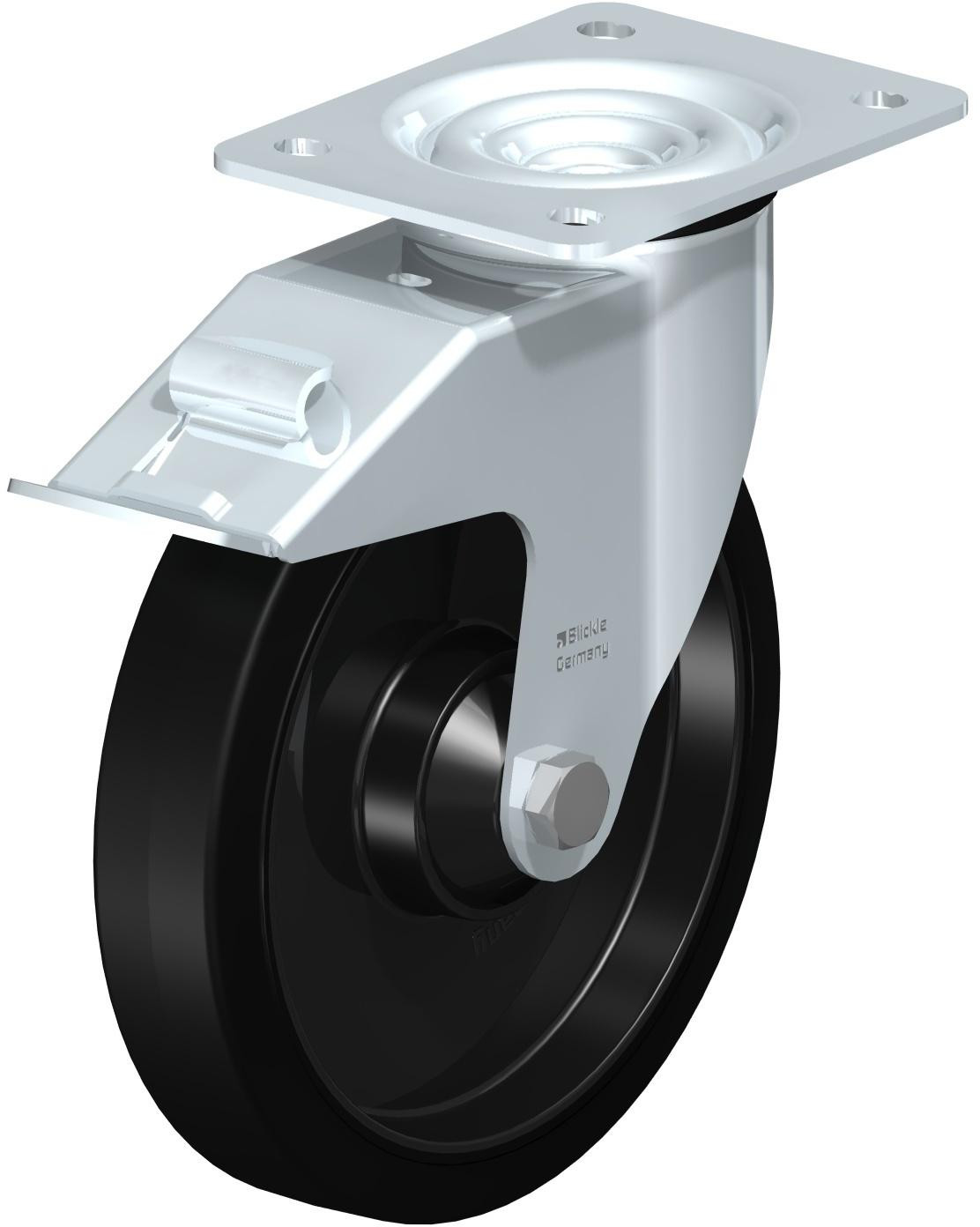 Roulette pivotante en tôle d’acier, avec platine à visser et blocage “stop-fix”