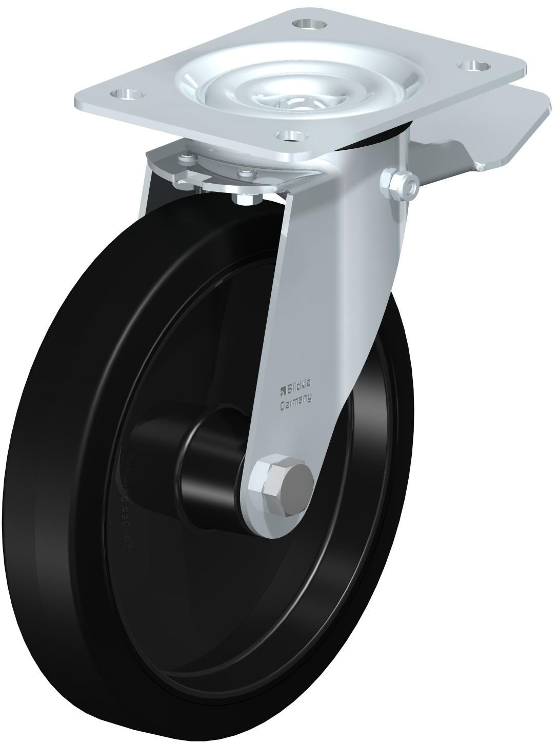 Roulette pivotante en tôle d’acier, avec platine à visser et blocage “stop-top”