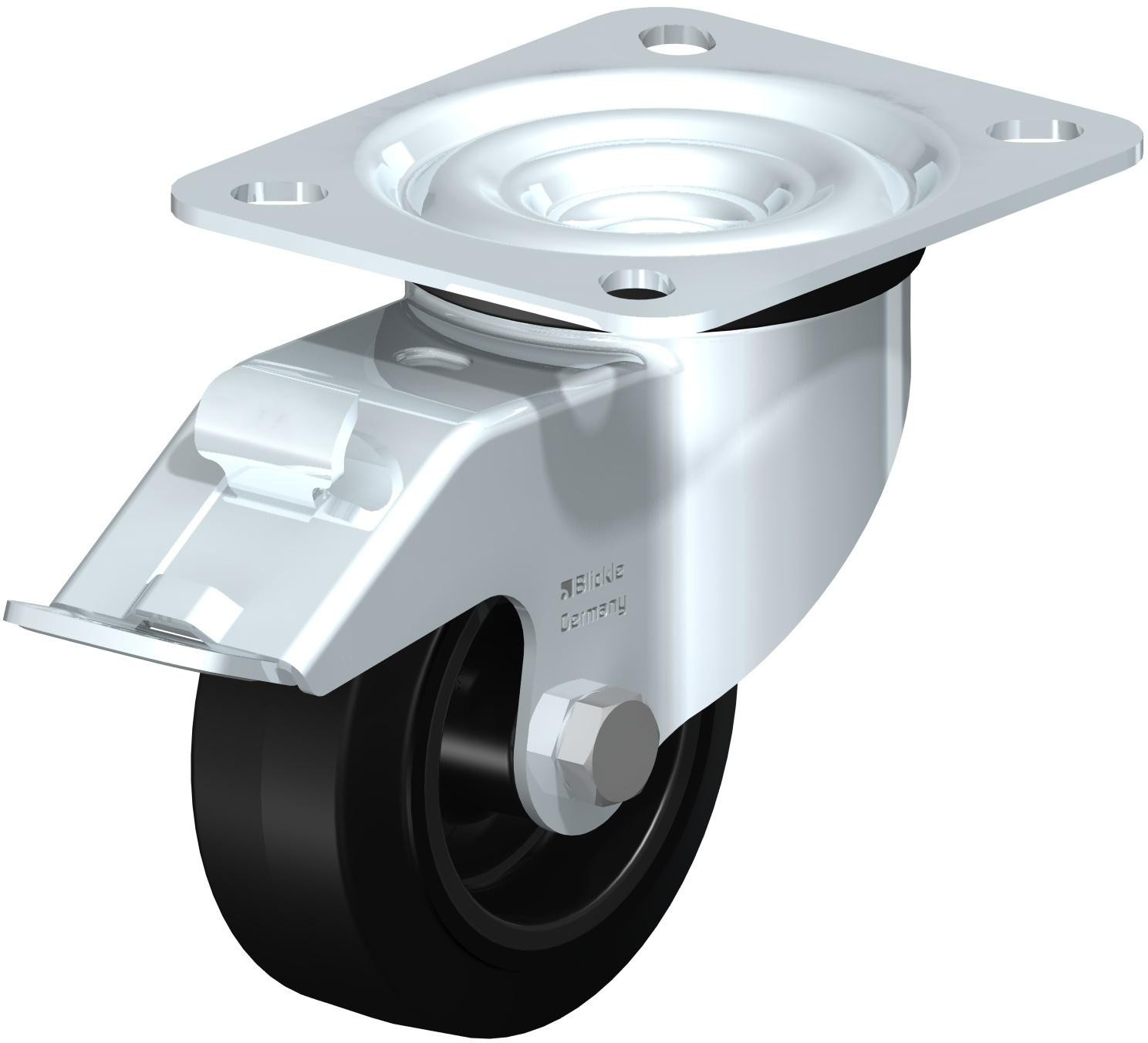 Roulette pivotante en tôle d’acier, avec platine à visser et blocage “stop-fix”