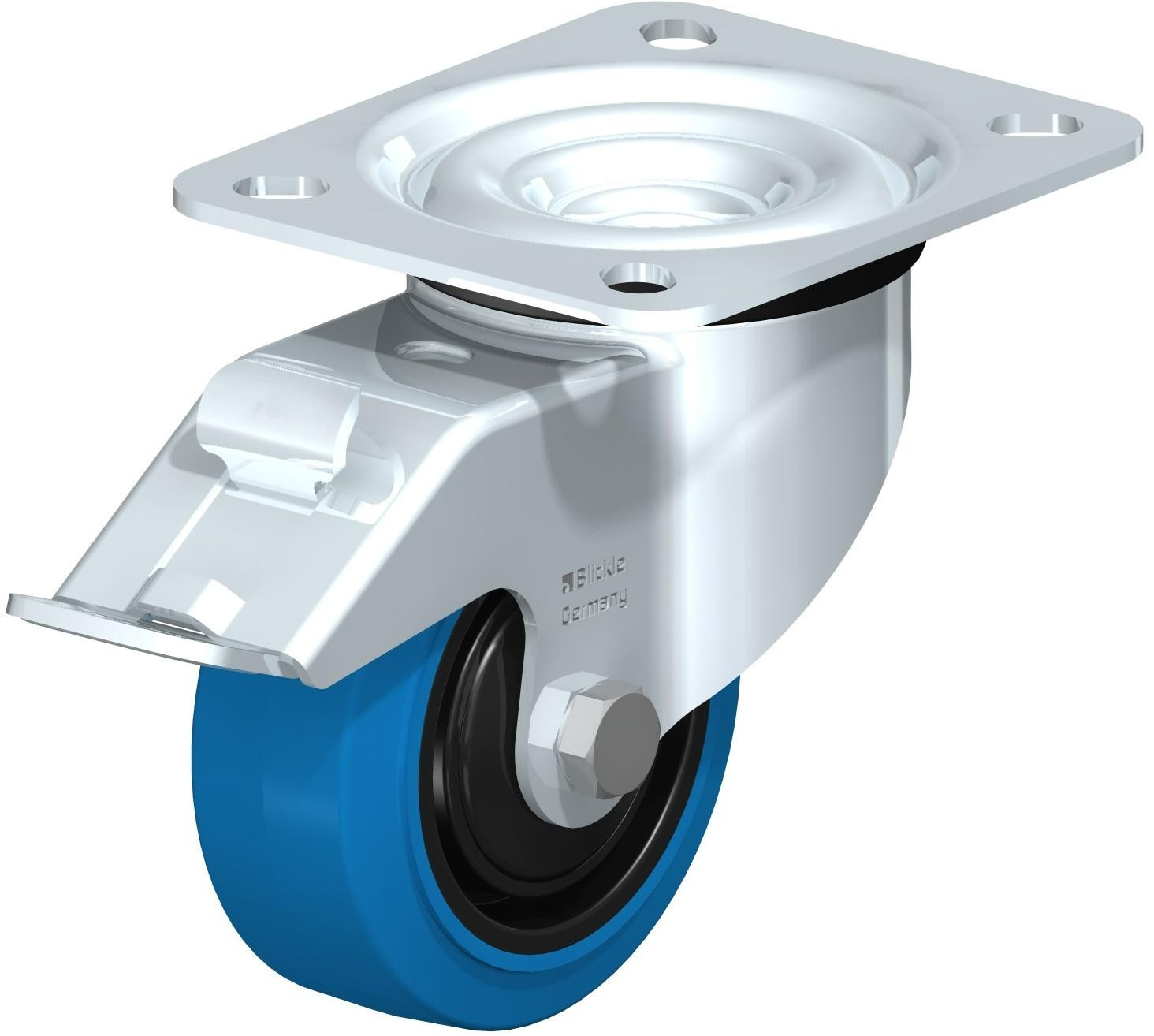 Roulette pivotante en tôle d’acier, avec platine à visser et blocage “stop-fix”