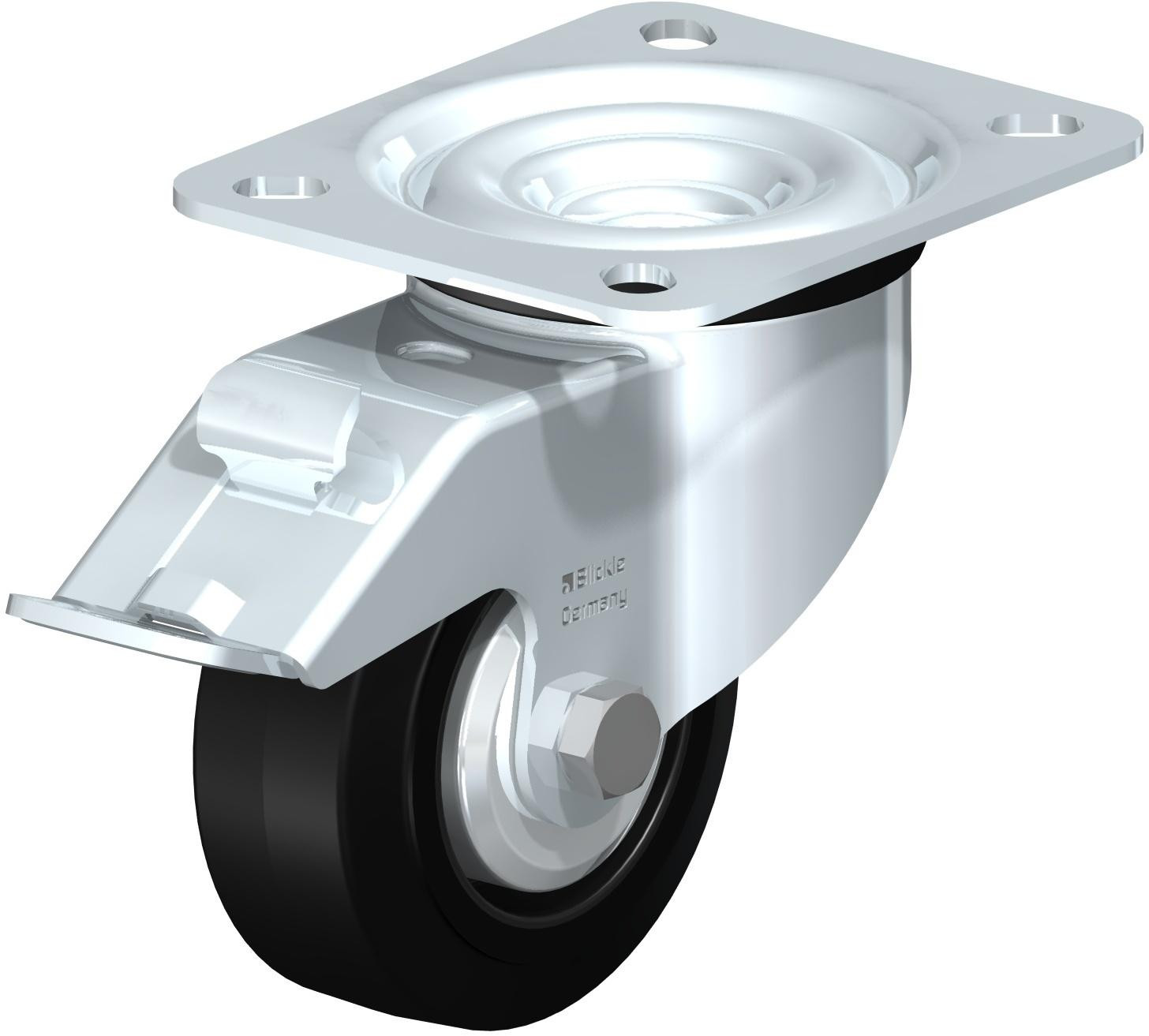 Roulette pivotante en tôle d’acier, avec platine à visser et blocage “stop-fix”