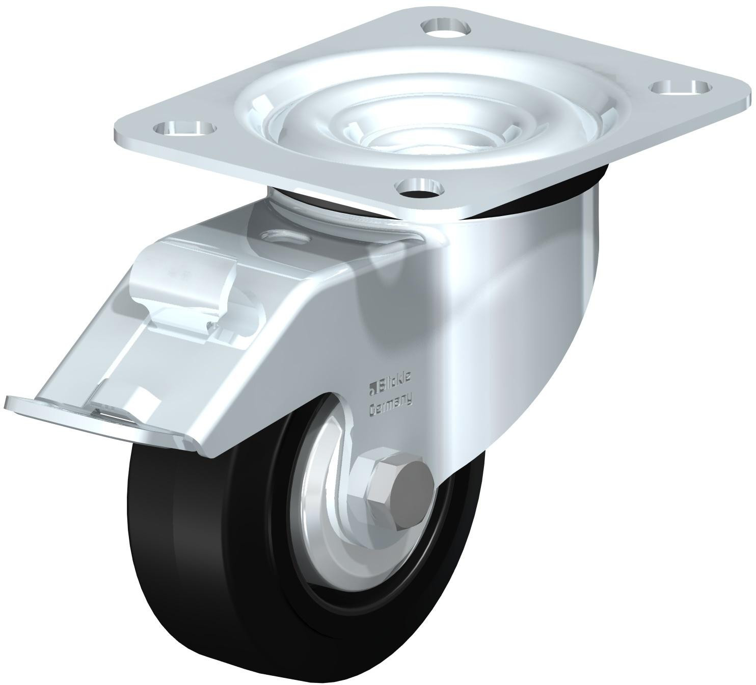 Roulette pivotante en tôle d’acier, avec platine à visser et blocage “stop-fix”