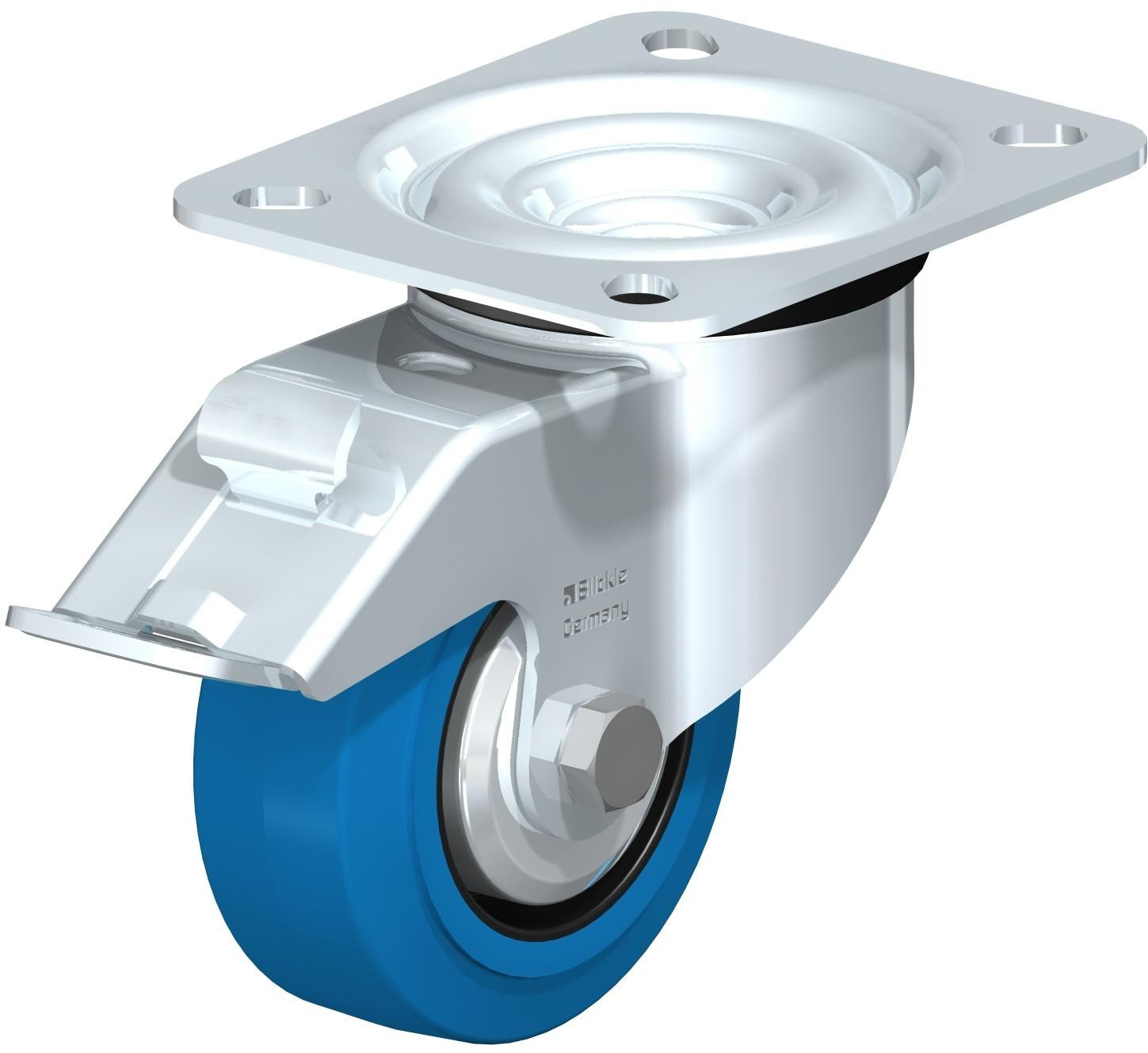 Roulette pivotante en tôle d’acier, avec platine à visser et blocage “stop-fix”