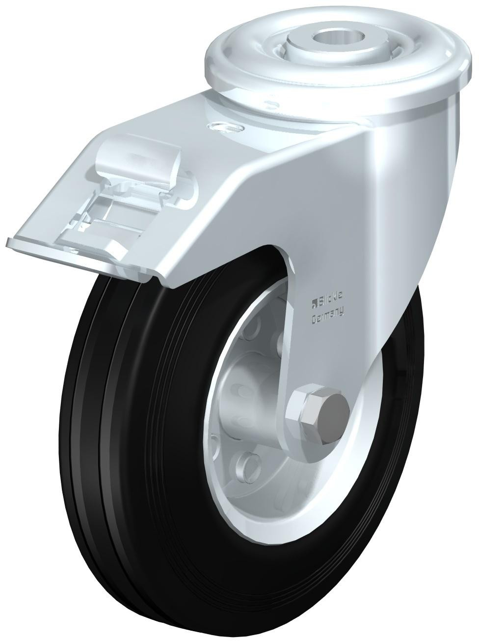 Roulette pivotante en tôle d’acier, avec trou central et blocage “stop-fix”