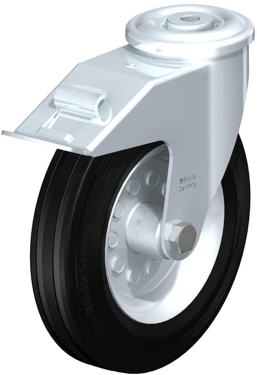 Roulette pivotante en tôle d’acier, avec trou central et blocage “stop-fix”