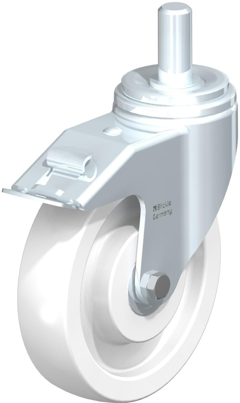 Roulette pivotante en tôle d’acier, version fortes charges, avec tige et blocage “stop-fix”