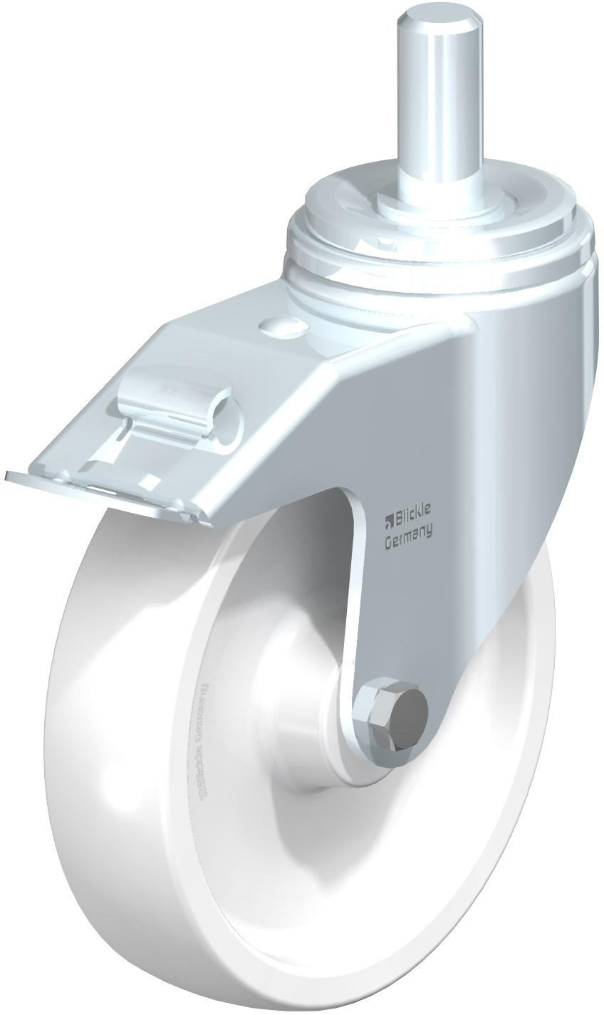 Roulette pivotante en tôle d’acier, version fortes charges, avec tige et blocage “stop-fix”