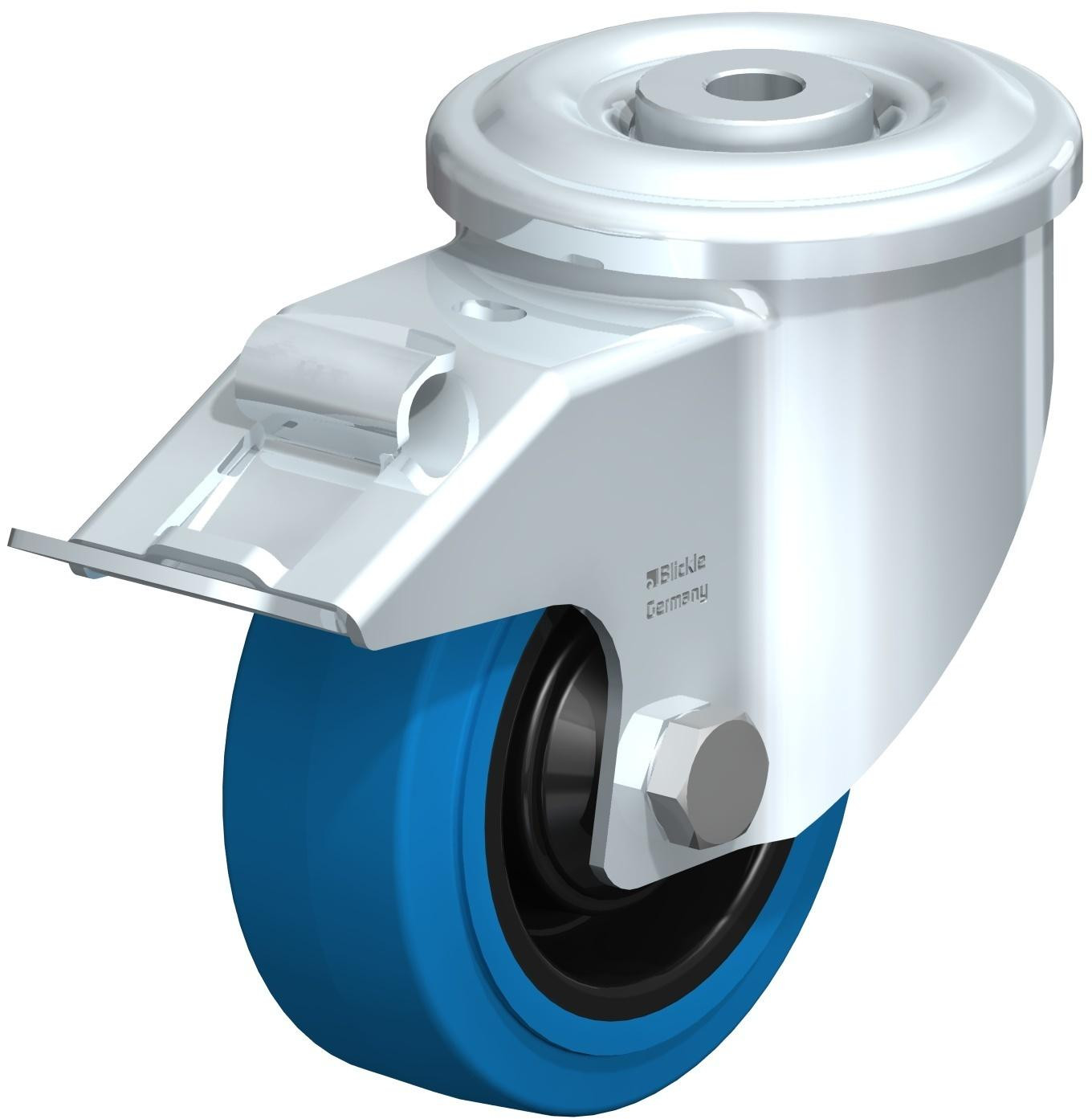 Roulette pivotante en tôle d’acier, version lourde, avec trou central et blocage “stop-fix”