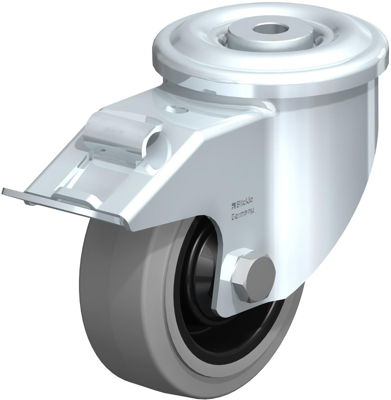 Roulette pivotante en tôle d’acier, version lourde, avec trou central et blocage “stop-fix”