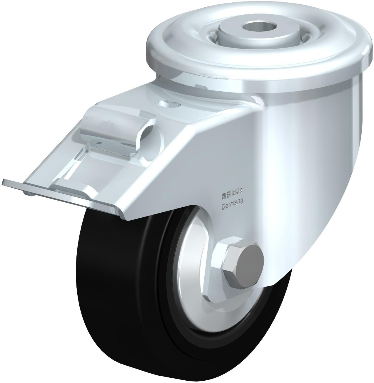 Roulette pivotante en tôle d’acier, version lourde, avec trou central et blocage “stop-fix”